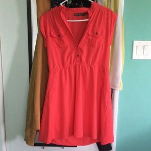 Short sleeve hot pink dress, partial button up